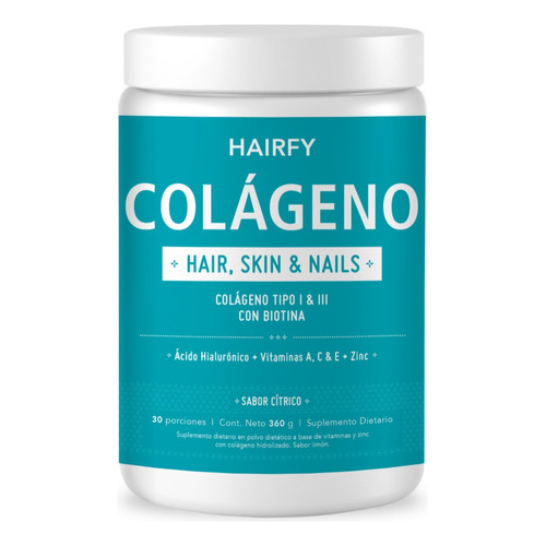 Colágeno Hairfy Hair, Skin & Nails  Con Biotina, Ácido Hialurónico y Zinc en pote de 360 gr Sabor Cítrico