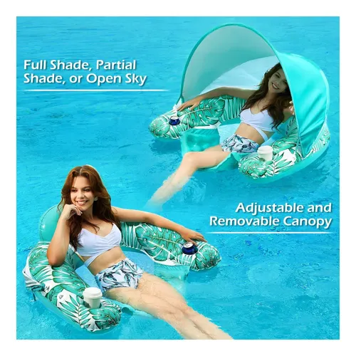 Jasonwell Flotador De Piscina Con Toldo – Silla Inflable Con Reposabrazos Y Portavasos – Tumbona Acolchada Para Adultos, Ideal Para Relajarse En Verano