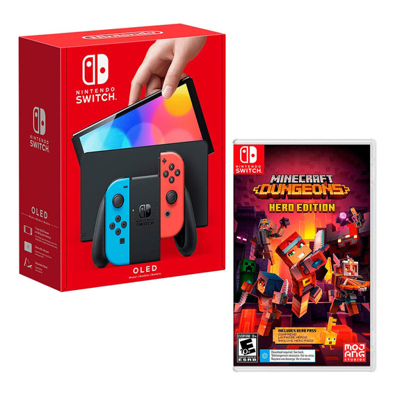 Nintendo Switch Oled Neon + Minecraft Dungeons Ultimate