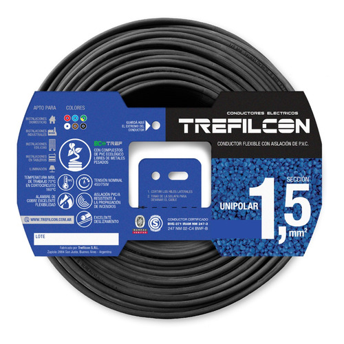 Cable Unipolar 1.5mm Normalizado Trefilcon Rollo X 25mts Color de la cubierta Negro