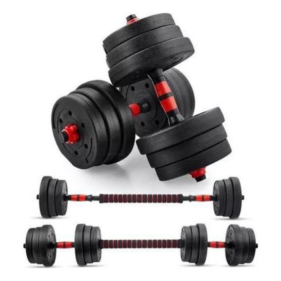 Set 2 Mancuernas + Barra 2 En 1 + 30kg Discos Pesas Rojo