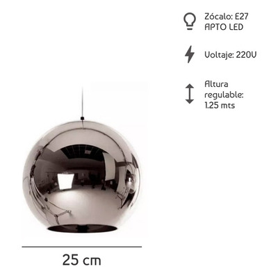 Lampara Colgante Vidrio Cromo 25cm Moderna Tom  Apto Led E27