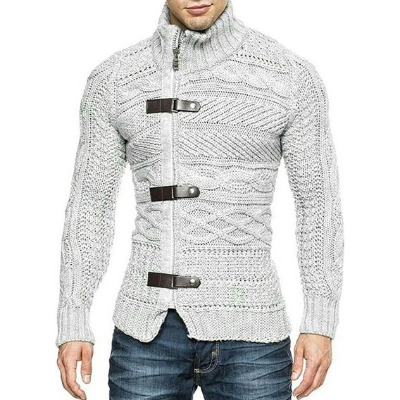 Men's Casual Leather Ring Cardigan Sweater .
