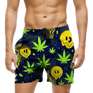 Short Praia Shorts Banho Verão Marijuana Verde Faces 1246