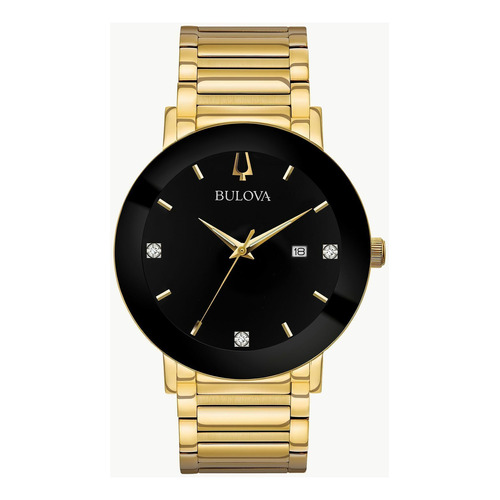 Reloj pulsera Bulova Futuro 97D116 de cuerpo color dorado, analógica, fondo negro, con correa de acero inoxidable color dorado, agujas color dorado y blanco, dial dorado y blanco, bisel color negro y mariposa