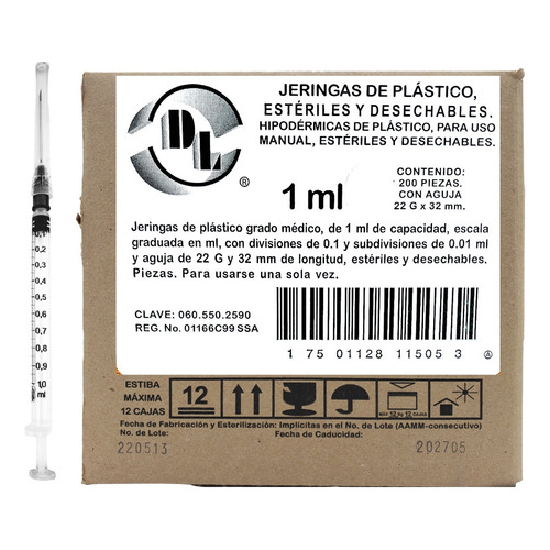 Jeringa 1 Ml Con Aguja 22x32 Estéril Desechable Caja C/ 200 