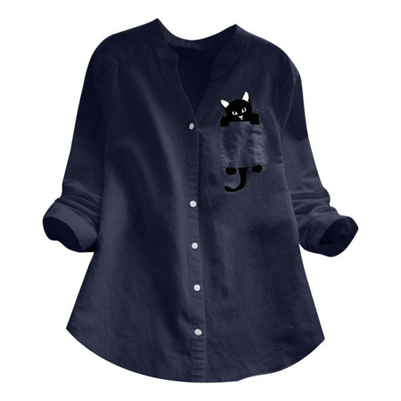 Camisa De Mujer De Lino Con Estampado De Gatos