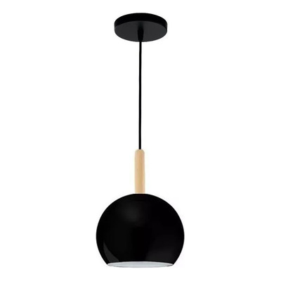 Colgante 1 Luz Bocha 15cm Negro Con Madera Apto Led E-27 