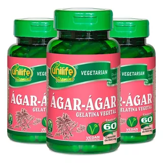 Ágar-ágar Gelatina Vegetal 60 Cápsulas De 600mg Kit Com 3 Sabor Natural