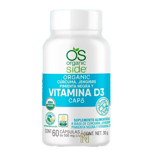 Vitamina D3, Cúrcuma, Jengibre Y Pimienta Orgánica 60 Caps. Sabor Sin Sabor