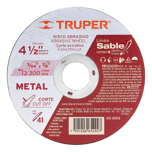 Disco Corte Metal 4-1/2'' X 7/8'', Truper 11584 Color Gris