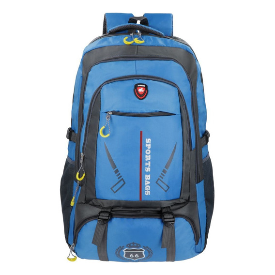 Mochila Urbana Deportiva 50 Lts Senderismo Camping Escolar Color Celeste Y Negro Diseño De La Tela Lisa