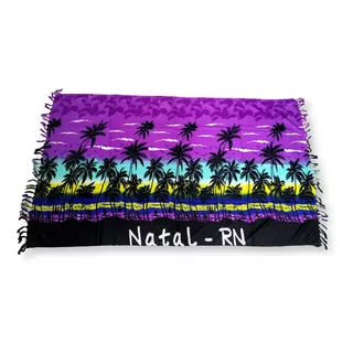 Canga De Poliéster Estampada Coqueiros Natal- Rn Cor Roxo, Azul Claro E Amarelo Tamanho U