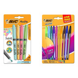 Kit 10 Canetas Coloridas 1.2mm + 4 Marcador Texto Pastel Bic