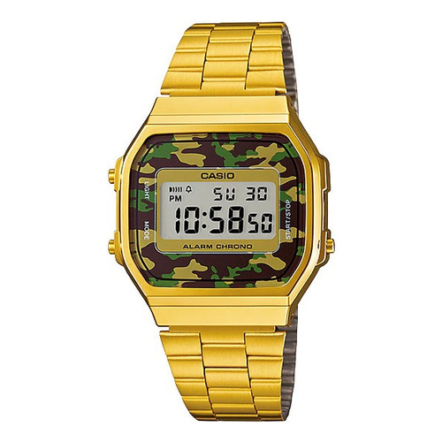 Reloj pulsera digital Casio A-168 con correa de acero inoxidable color dorado - fondo gris/camuflado