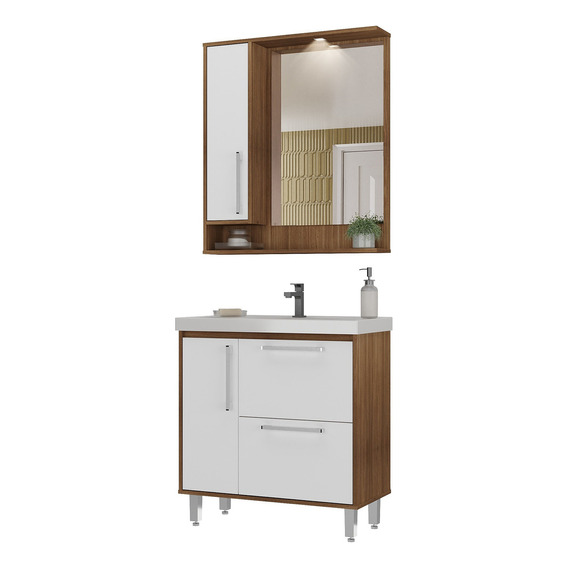 Mueble De Baño Completo - Botiquin Espejo Y Pileta - Quadri Cantidad de agujeros para grifería Un agujero Color de la bacha Blanco Color del mueble Castaño con blanco