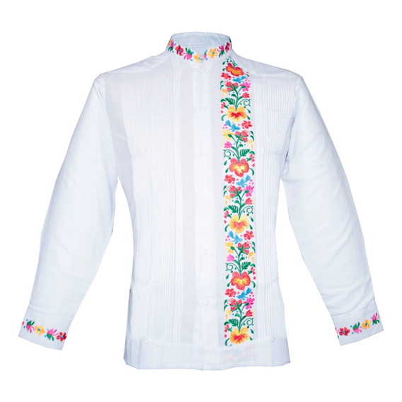 Guayabera Yucateca De Lino Blanca Y Colores Modelo Colibrí 