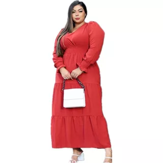 Vestido Longo Plus Size Manga Longa Babado Elastex 44 Ao 50