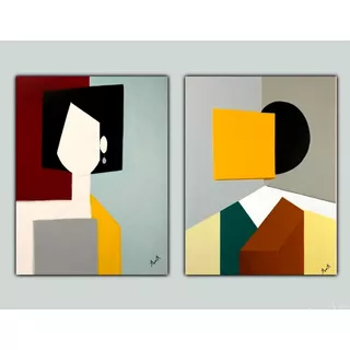 Quadro Homem E Mulher Pintado A  Mão Abstrato