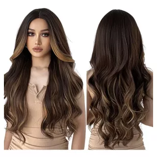 Peruca Lace Wig Ondulada Sem Franja Castanho Com Mechas 70cm