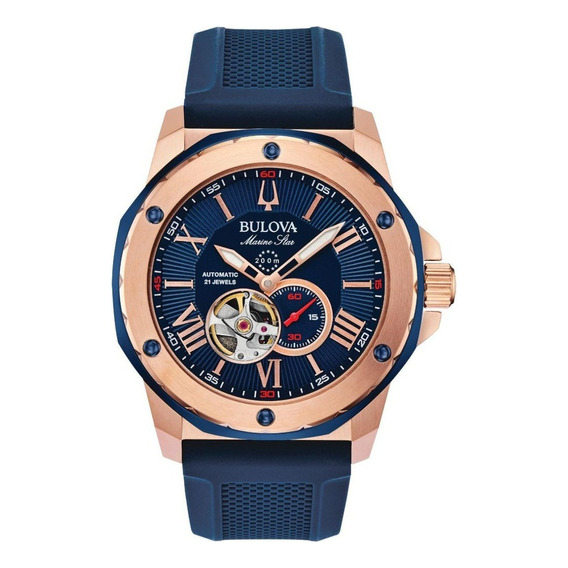 Reloj de pulsera Bulova Marine Star 98A22 de cuerpo color oro rosa y azul, analógico, para hombre, fondo azul, con correa de silicona color azul, agujas color oro rosa y blanco, dial oro rosa, subesfe