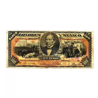 Billete Antiguo De 100 Pesos Londres Y Mexico Año De 1897