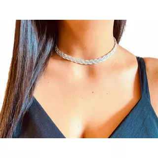  Choker Colar 5 Fios Trançado Banhado A Prata Alta Qualidade