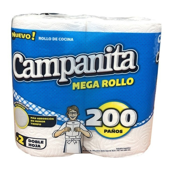 Rollos De Cocina Campanita 200 Paños Pack 2 Rollos Doble H