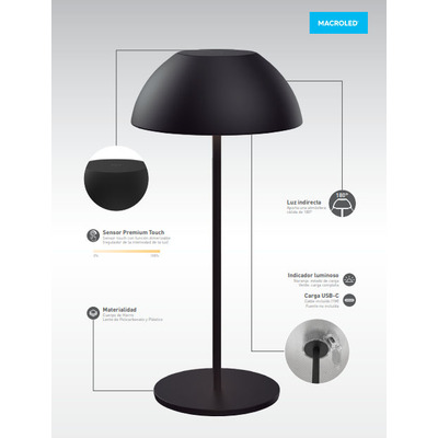 Lampara Velador De Mesa Bell Negro Inalámbrico Led Dimer Mc