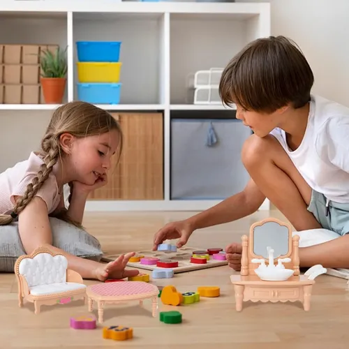 4 Juegos De Muebles Miniaturas Para Casa De Muñecas – Dormitorio, Baño, Cocina Y Salón – Estilo Europeo – Juguete De Simulación Para Niños