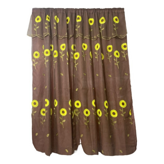 Juego De Cortinas Lino Bordadas Doble Hoja Color Cafe Girasoles