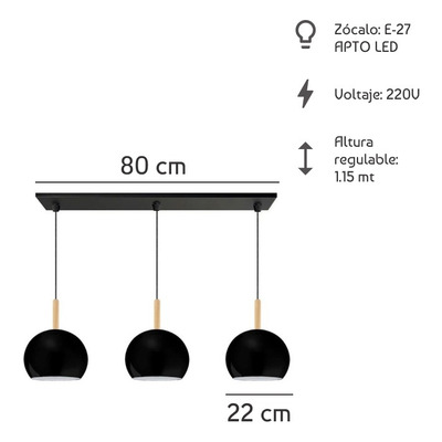 Colgante 3 Luces Bocha 22cm Negra Con Madera Luz Desing