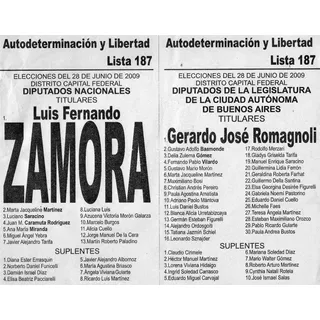 Boleta Electoral - Autodeterminación Y Libertad  Junio 2009