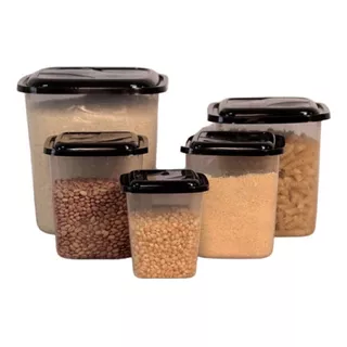 Kit 5 Potes Porta Mantimento Alimento Com Tampa Quadrado Cor Preto