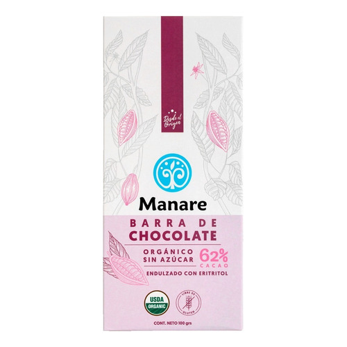 Chocolate Sin Azúcar 62% Cacao Orgánico 100g - Manare