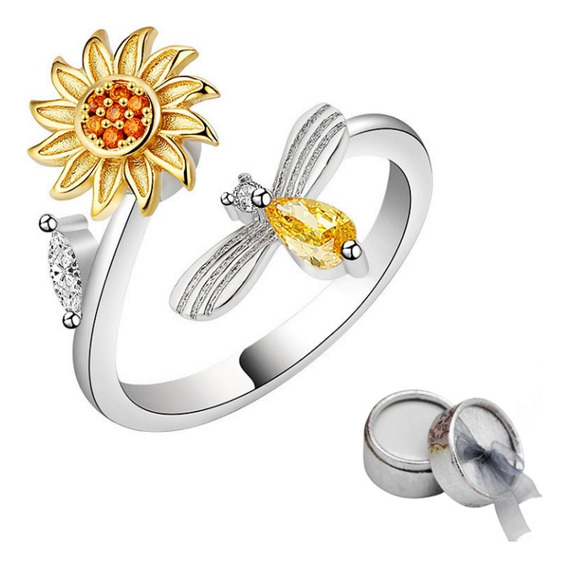 Plata 925 Antiestres Circonio,anillo Flor Girasol Giratorio