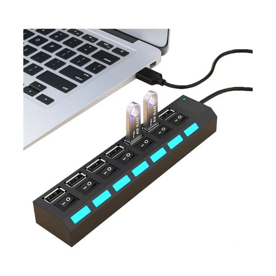 Hub Usb 2.0 7 Puertos Multiplicador Luz Led Interruptores Color Negro