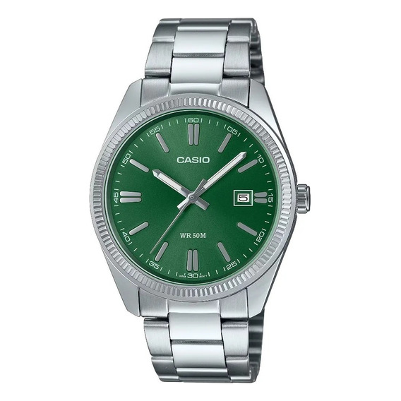 Reloj Casio Mtp-1302d-3avcf Para Caballero Color de la correa Plateado Color del bisel Plateado Color del fondo Verde oscuro