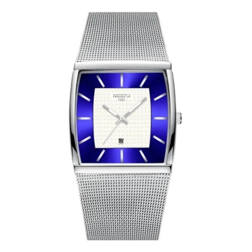 Reloj pulsera Nibosi NI2376 con correa de acero inoxidable color plateado - fondo blanco - bisel azul