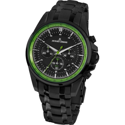 Reloj pulsera Jacques Lemans 1-1799Z, analogo, para hombre, fondo negro con verde, con correa de acero inoxidable color negro, bisel color negro y mariposa