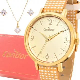 Relógio Feminino Dourado Condor Com Colar E Brincos Original Cor Do Fundo Branco