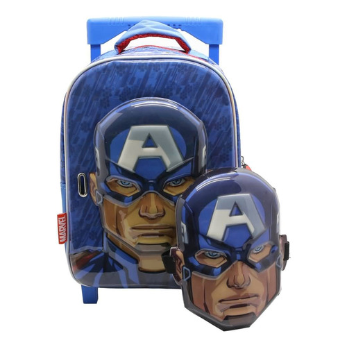 Mochila Marvel Avengers Capitán America Con Careta Con Carro Color Azul Diseño De La Tela Liso