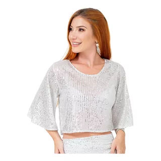 Blusa Dourada Amarraesai Glow Manga Curta Paete Feminino 