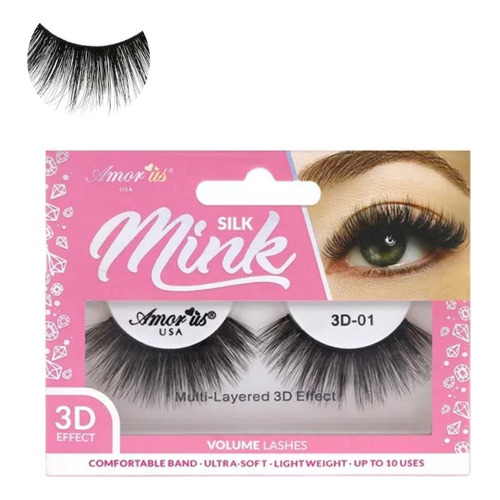 Pestañas Postizas Mink 3d Profesionales Naturales Amor Us Color 01 Espesor 10 Mm Largo 10 Mm Tipo De Curvatura D