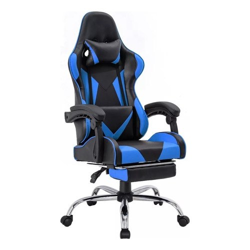 Silla de escritorio Julie Deco 046 gamer ergonómica  negra y azul con tapizado de cuero sintético