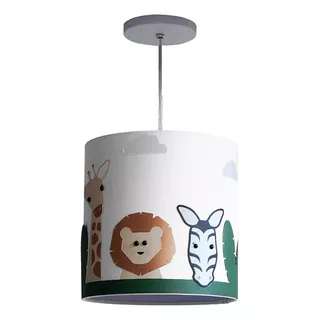 Lustre Infantil Pendente Safari Cúpula Tecido 25x25 Cm Cor Branco