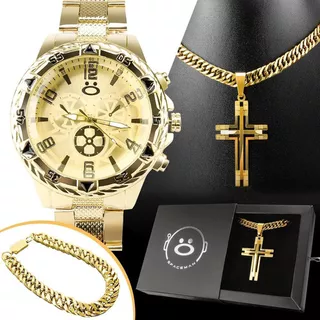 Kit Relógio Masculino Dourado Aço Pulseira Colar