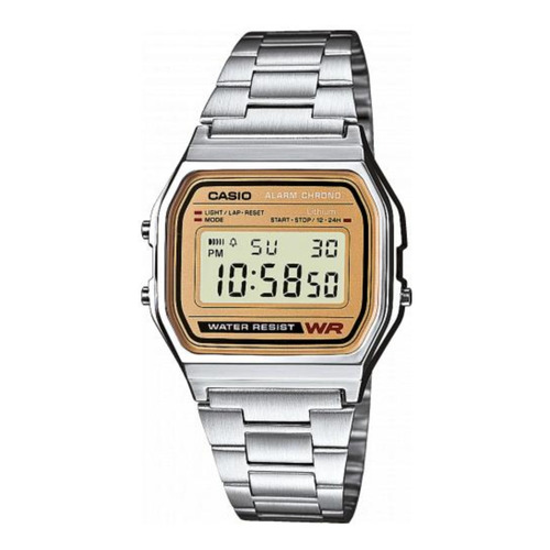 Reloj pulsera digital Casio A158 con correa de acero inoxidable color plateado - fondo gris/dorado