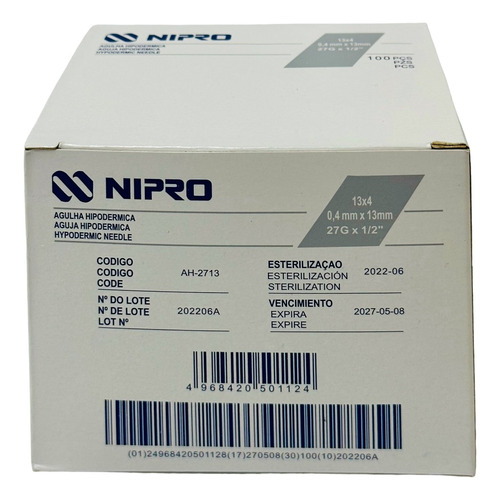 Aguja HiPodérmica Nipro 27gx13mm ( 1/2 ) Gris Caja 100u Capacidad en volumen 0 mL