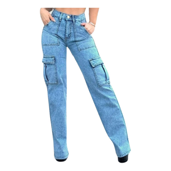 Jeans Cargo Mujer Mezclilla Wide Leg Bolsas A Los Costados
